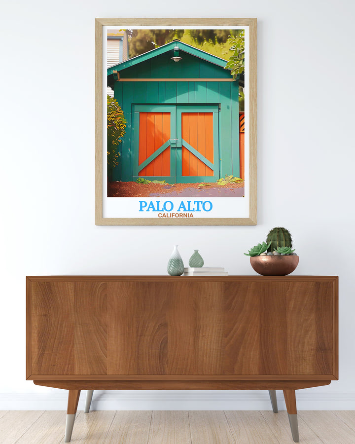 Hewlett Packard Garage travel poster in a detailed Palo Alto city map. Perfect for tech enthusiasts and history buffs, this poster showcases Palo Altos skyline with the Hewlett Packard Garage in vibrant colors and intricate design.