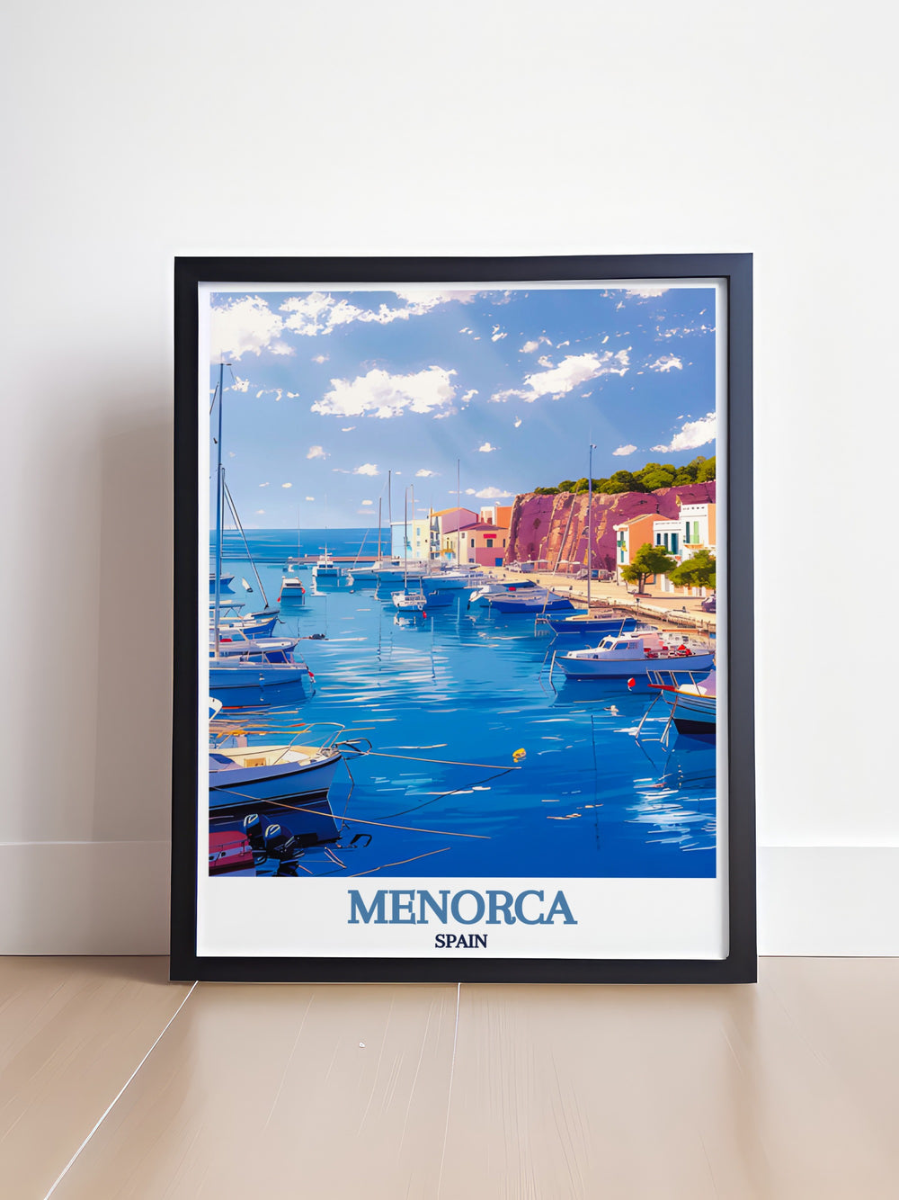 Mahon Harbor framed print illustrating the stunning waterfront of Menorcas harbor capturing the lively colors and tranquil waters perfect for enhancing Spain wall decor and creating a sophisticated atmosphere in any room with its elegant and detailed design.