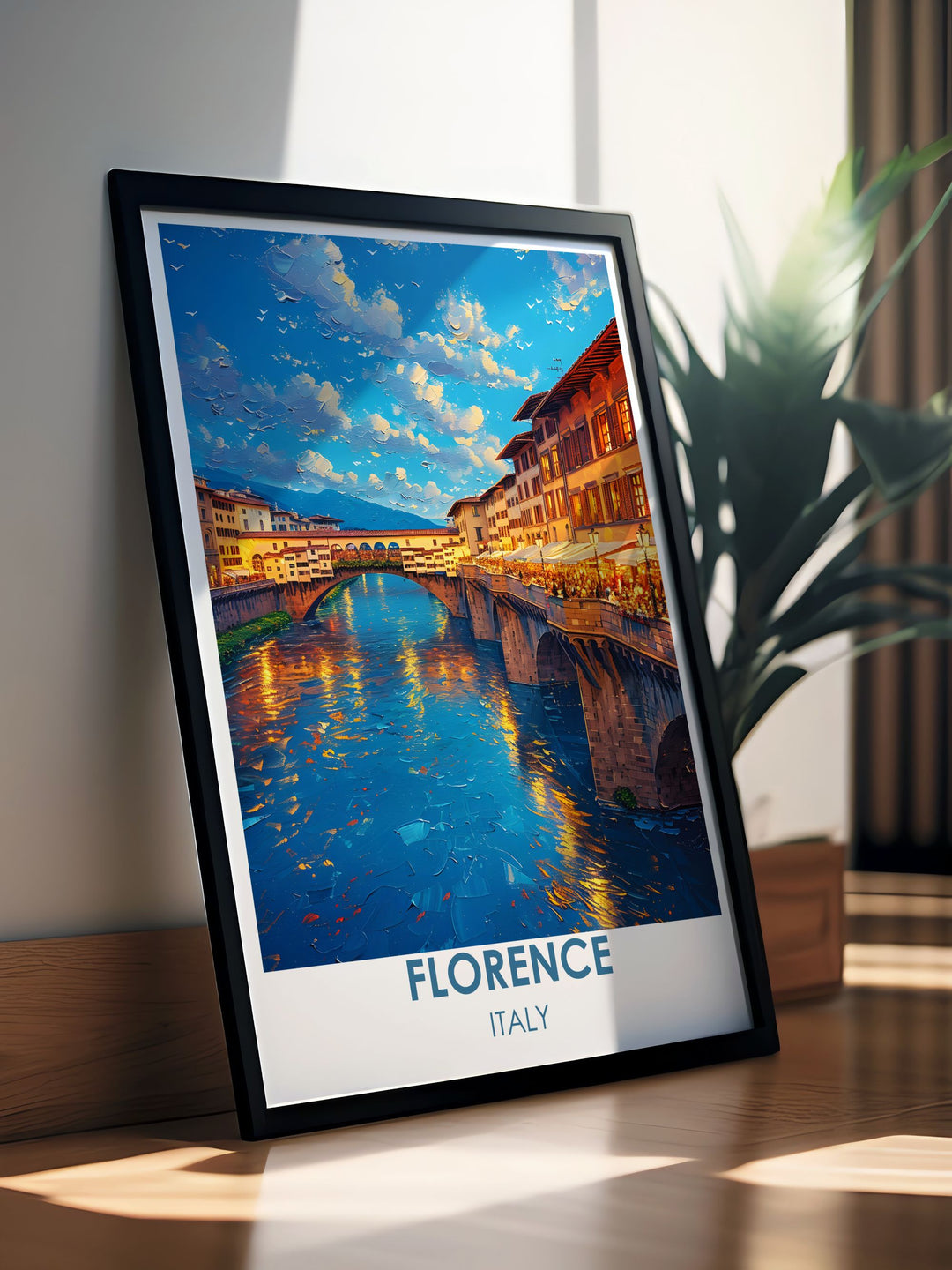 Custom print of Florences Ponte Vecchio, offering a unique perspective on this iconic landmark.