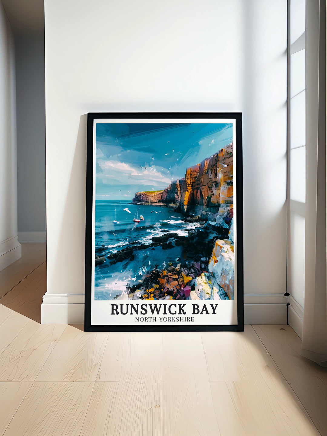 Coastal artwork featuring Runswick Bay Village along the Cleveland Way Staithes Walk perfect for elegant home decor and stunning living room decor showcasing the natural beauty of North Yorkshire with vibrant colors and intricate details in a vintage travel print style