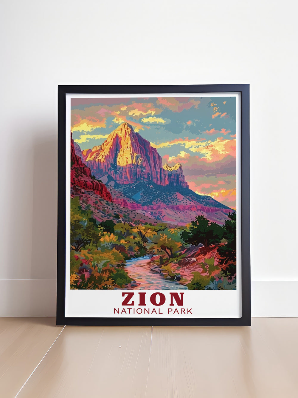 A stunning wall print of The Watchman in Zion National Park, capturing its dramatic cliffs and serene surroundings. Perfect for those who love exploring national parks and celebrating their beauty.