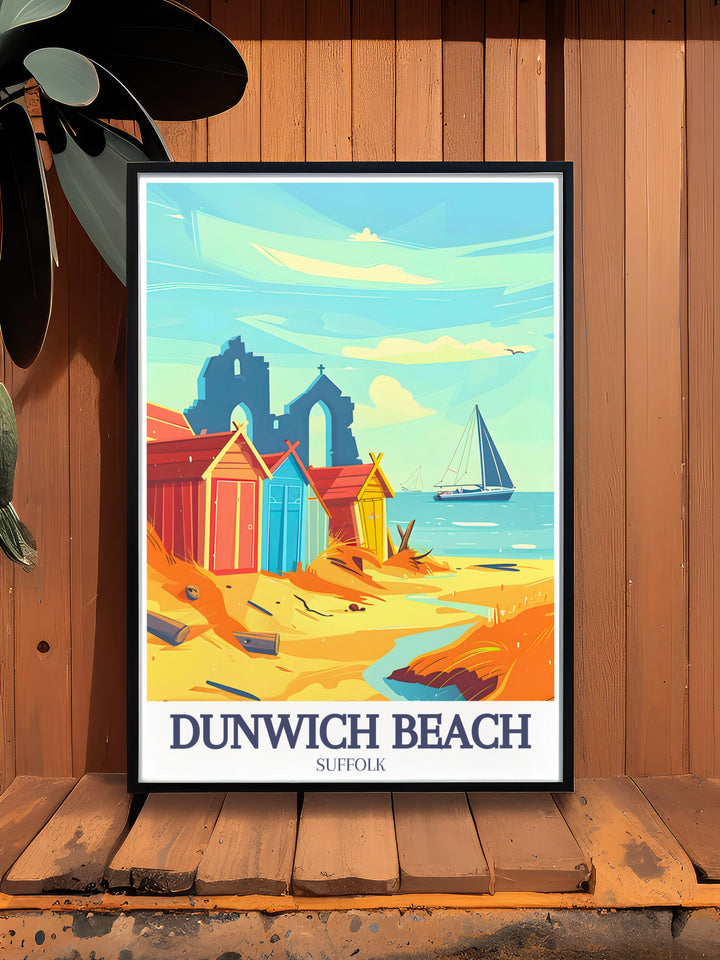 Dunwich Church Ruins wall art offers a unique glimpse into the past, depicting the crumbling remains of an ancient village overtaken by the sea. This travel print brings both the beauty and history of Suffolks Dunwich Beach into your living space.