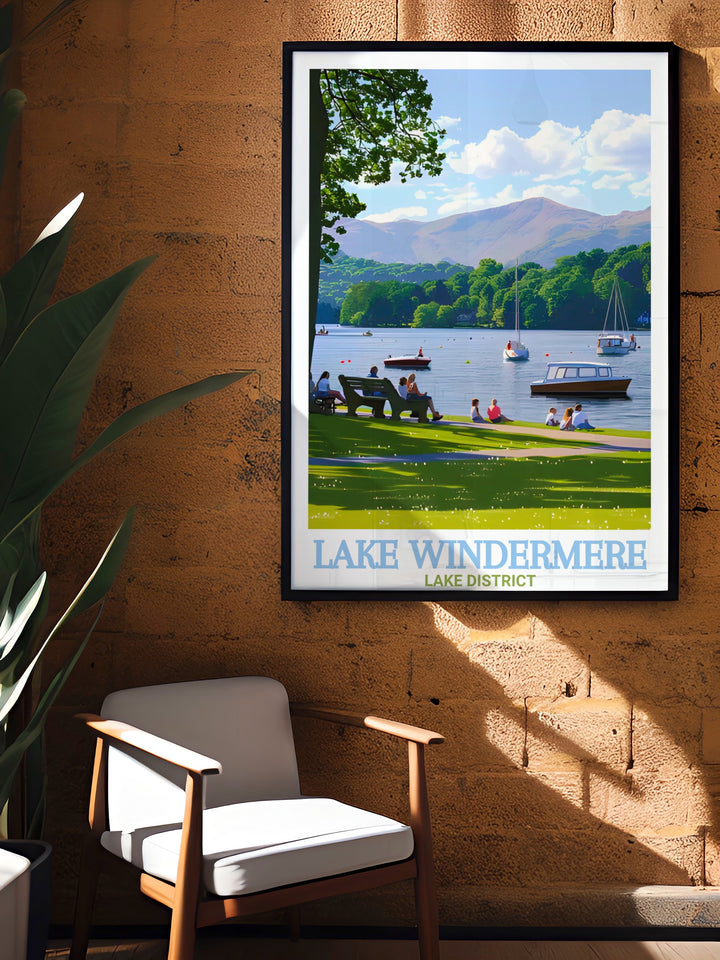 Lake Windermere Poster Print showcases the stunning natural beauty of Englands largest lake, framed by the gentle slopes of Fell Foot Park in the Lake District. This travel print brings a sense of serenity and tranquility to your home, perfect for nature lovers and outdoor enthusiasts.