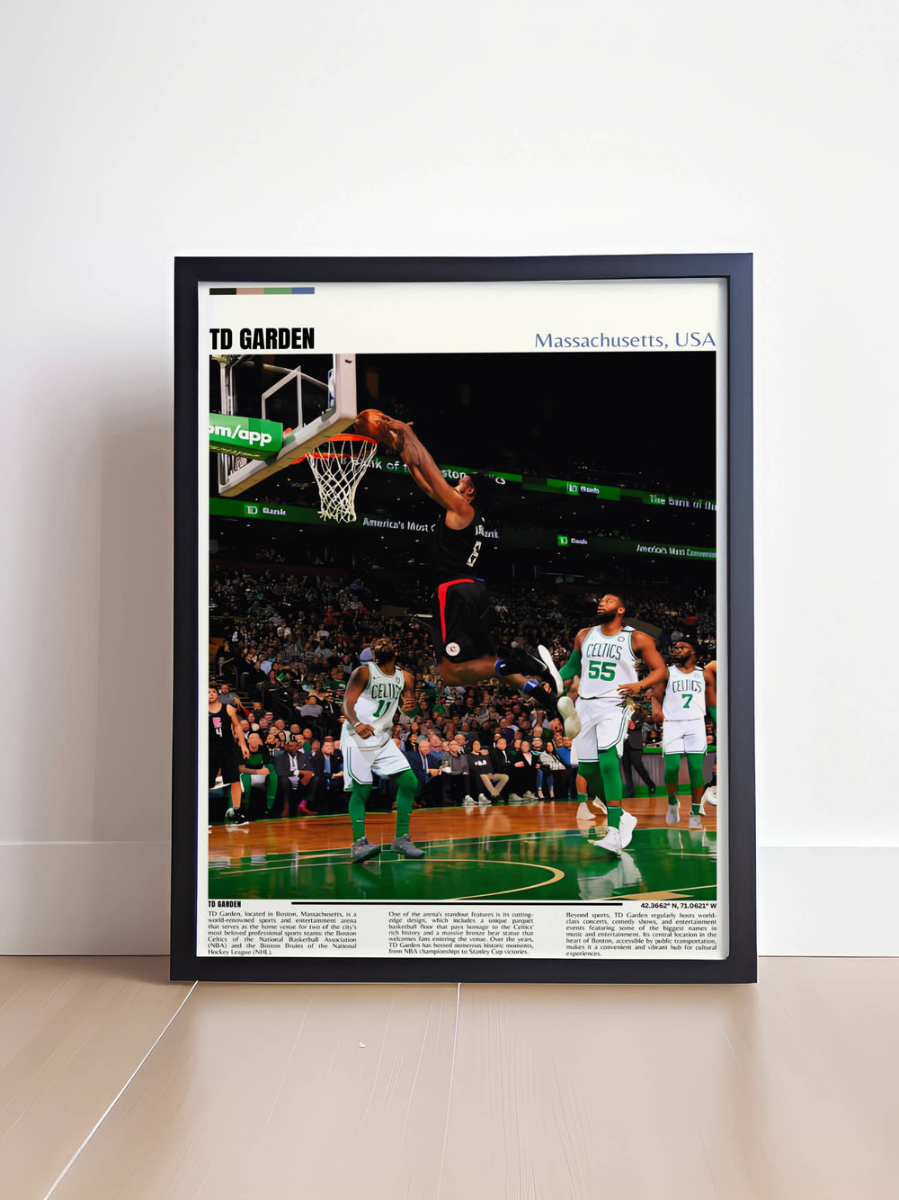 Retro NBA Poster showcasing the iconic TD Garden home of the Boston Celtics including legends like Paul Pierce and current stars like Jason Tatum