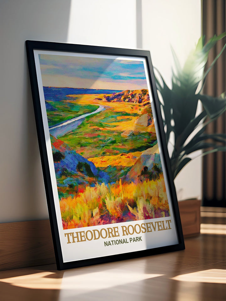 Wind Canyon Trail in Theodore Roosevelt National Park is beautifully depicted in this modern print making it a perfect addition to any home or office decor ideal for nature enthusiasts seeking a unique and captivating piece of National Park Artwork.