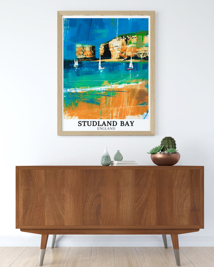 Old Harry Rocks Jurassic Coast and Studland Bay art print capturing the serene beauty of Englands famous coastlines. Perfect for wall decor this print is an ideal travel gift or addition to any home that loves the peaceful charm of coastal landscapes.