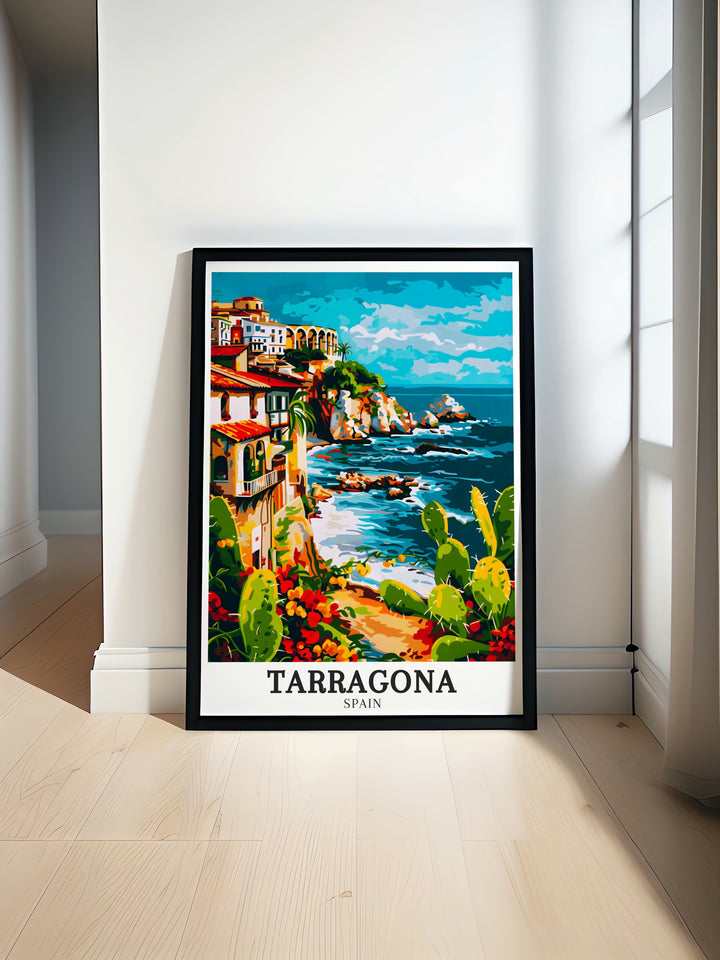 Tarragona Spain travel print featuring stunning Mediterranean Catalonia artwork perfect for living room or home decor. Ideal for anyone who loves the rich history and beauty of Tarragona in the heart of Spain.