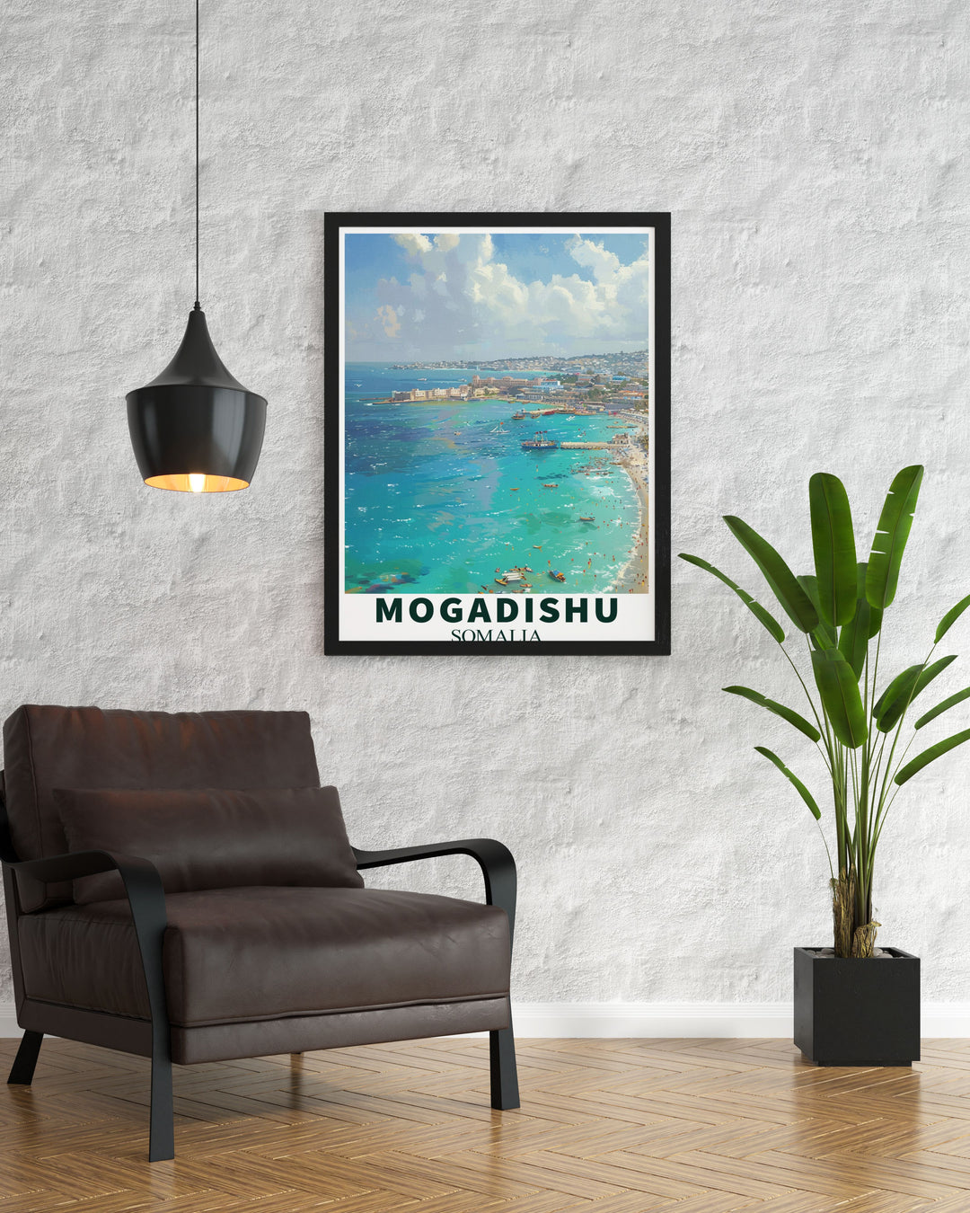 Bring the elegance of Somalias coast into your home with this Lido Beach Vintage Poster. The poster showcases the serene waves and golden sands of Mogadishus beloved beach, making it an ideal gift for travel lovers and art collectors alike.