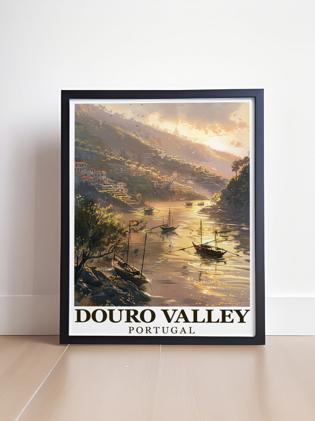 Travel poster of the Douro Valley highlighting the breathtaking views from the terraced vineyards, ideal for adventure enthusiasts and wine lovers.