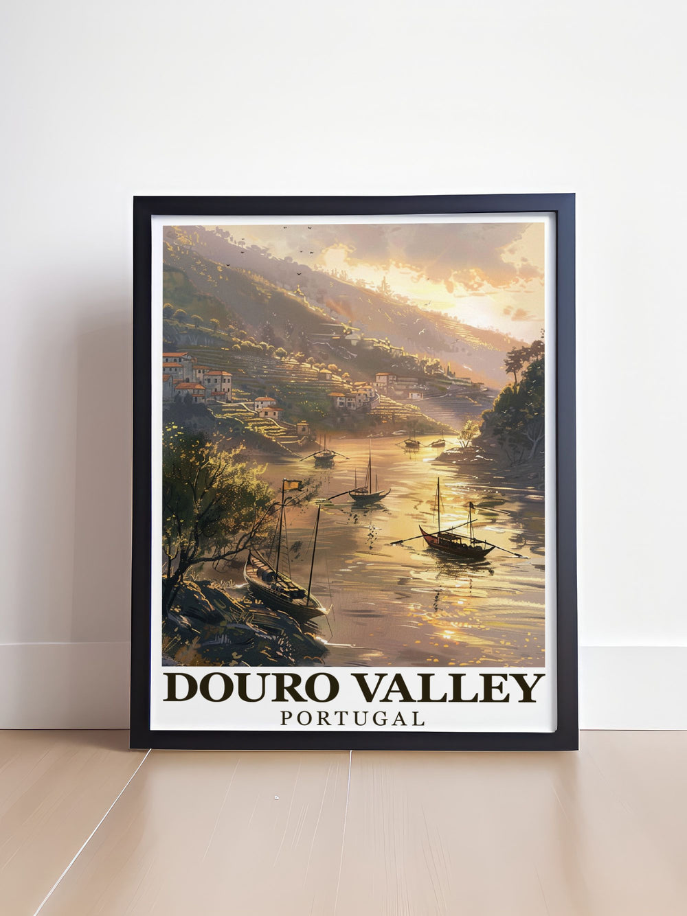 A beautiful travel print showcasing the Douro River and surrounding vineyards, perfect for adding a touch of Portugals natural beauty to your home. This artwork is ideal for wine lovers and those who appreciate the serenity of the Douro Valley.