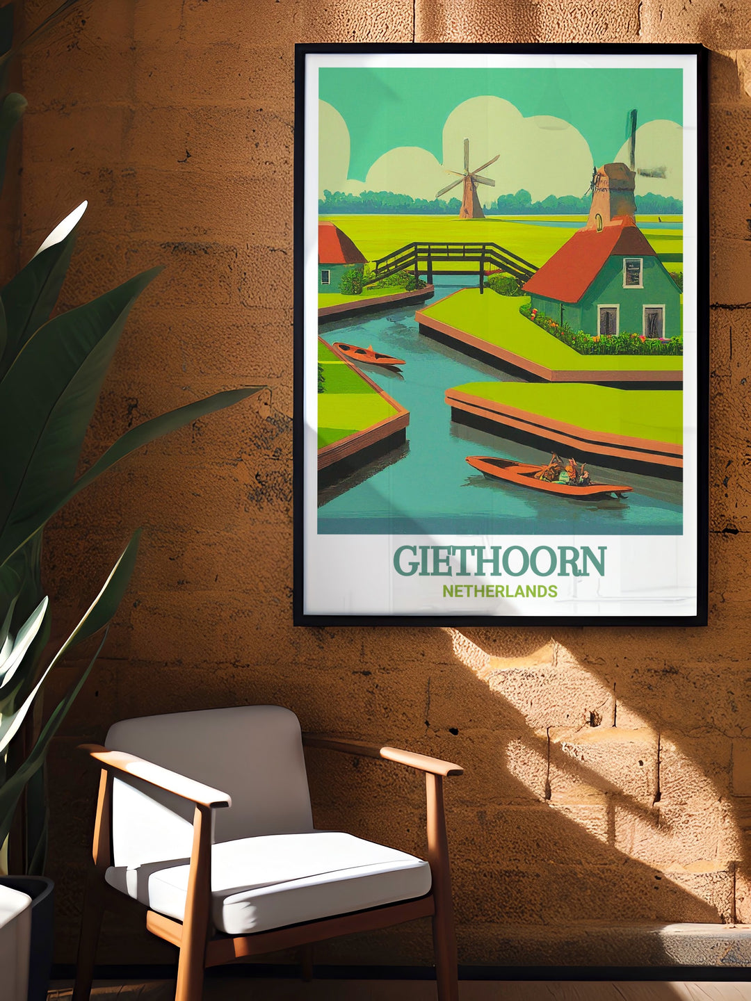 A stunning Giethoorn art print that celebrates the beauty of the Netherlands countryside. This poster features the tranquil canals and lush greenery of Giethoorn, making it a perfect addition to your collection of travel art and a great way to bring the Dutch landscape into your home.