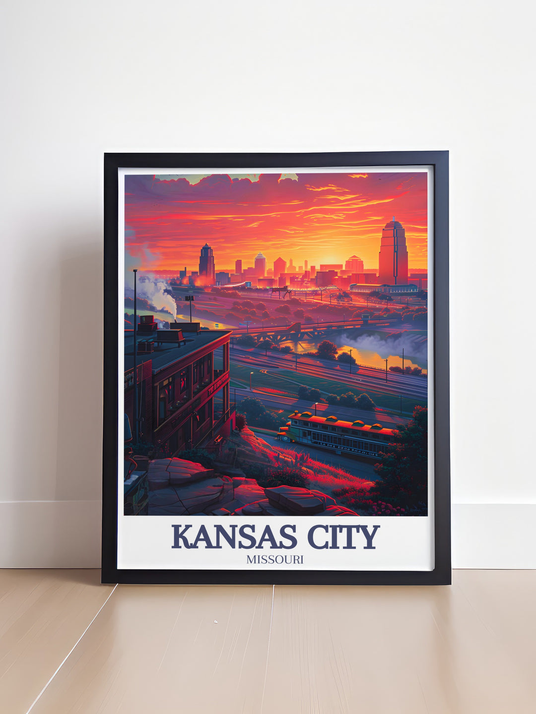 Missouri travel print showcasing the towering Kansas City Power and Light Building and the bustling streets of downtown Kansas City. This canvas art brings Missouris urban charm into your space with a timeless blend of modern and historical elements, ideal for lovers of urban architecture.