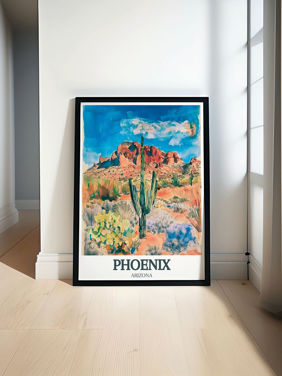 Phoenix Wall Poster featuring the stunning desert landscape with Camelback Mountain and the Desert Botanical Garden. This travel poster captures the natural beauty of Arizonas iconic landmarks, perfect for any nature lovers collection.