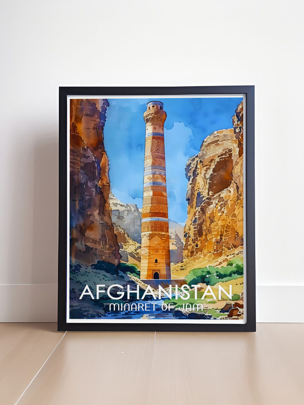 Stunning Minaret of Jam travel poster showcasing the majestic landmark against the serene Afghan landscape perfect for creating a captivating focal point in any room