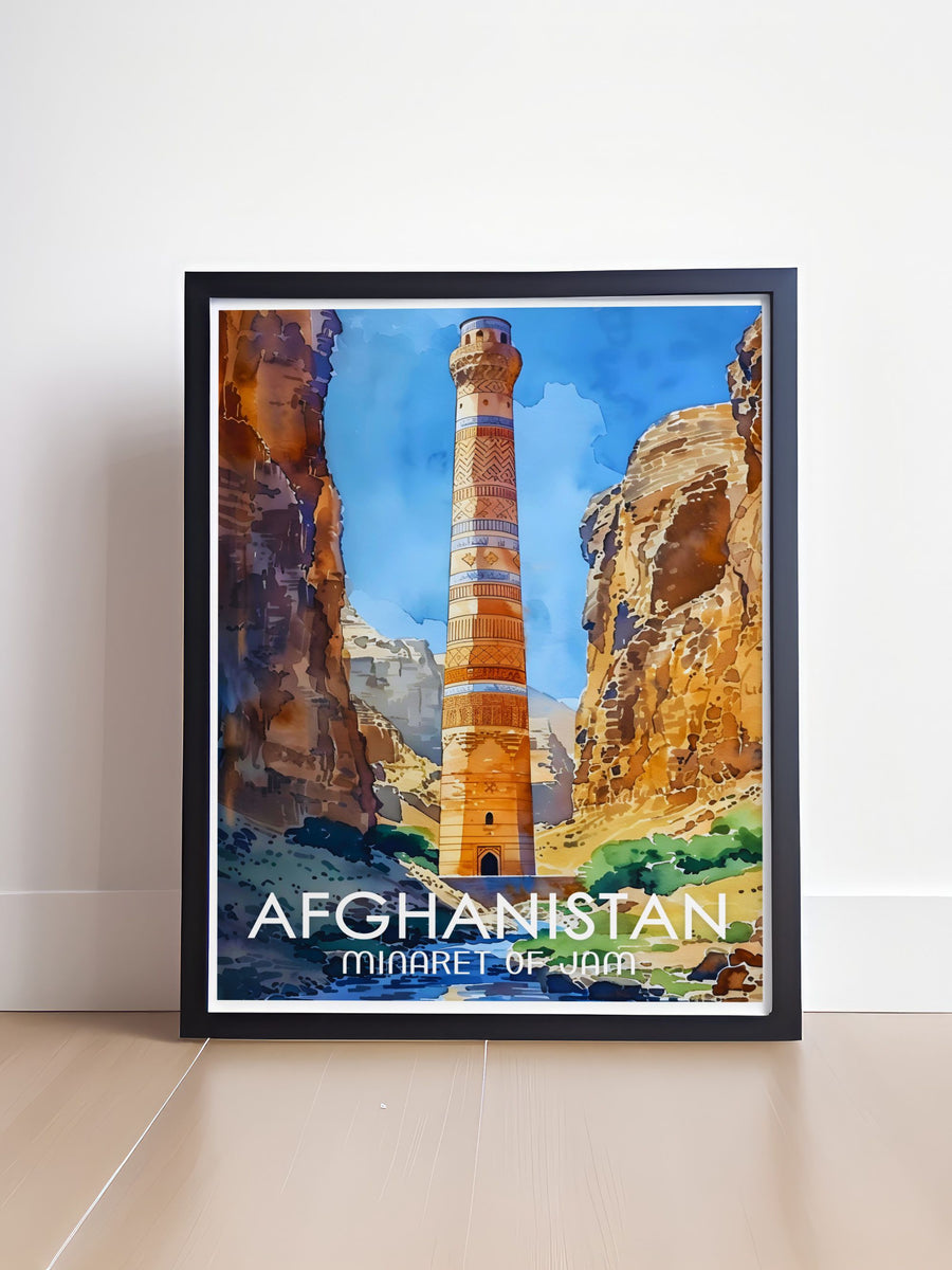 Stunning Minaret of Jam travel poster showcasing the majestic landmark against the serene Afghan landscape perfect for creating a captivating focal point in any room