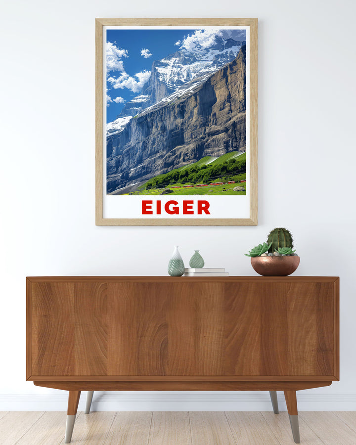 Elegant framed print of Eiger and Monch Switzerland showcasing the stunning peaks and alpine landscape perfect for creating a sophisticated and inspiring atmosphere in any room with high quality art prints.