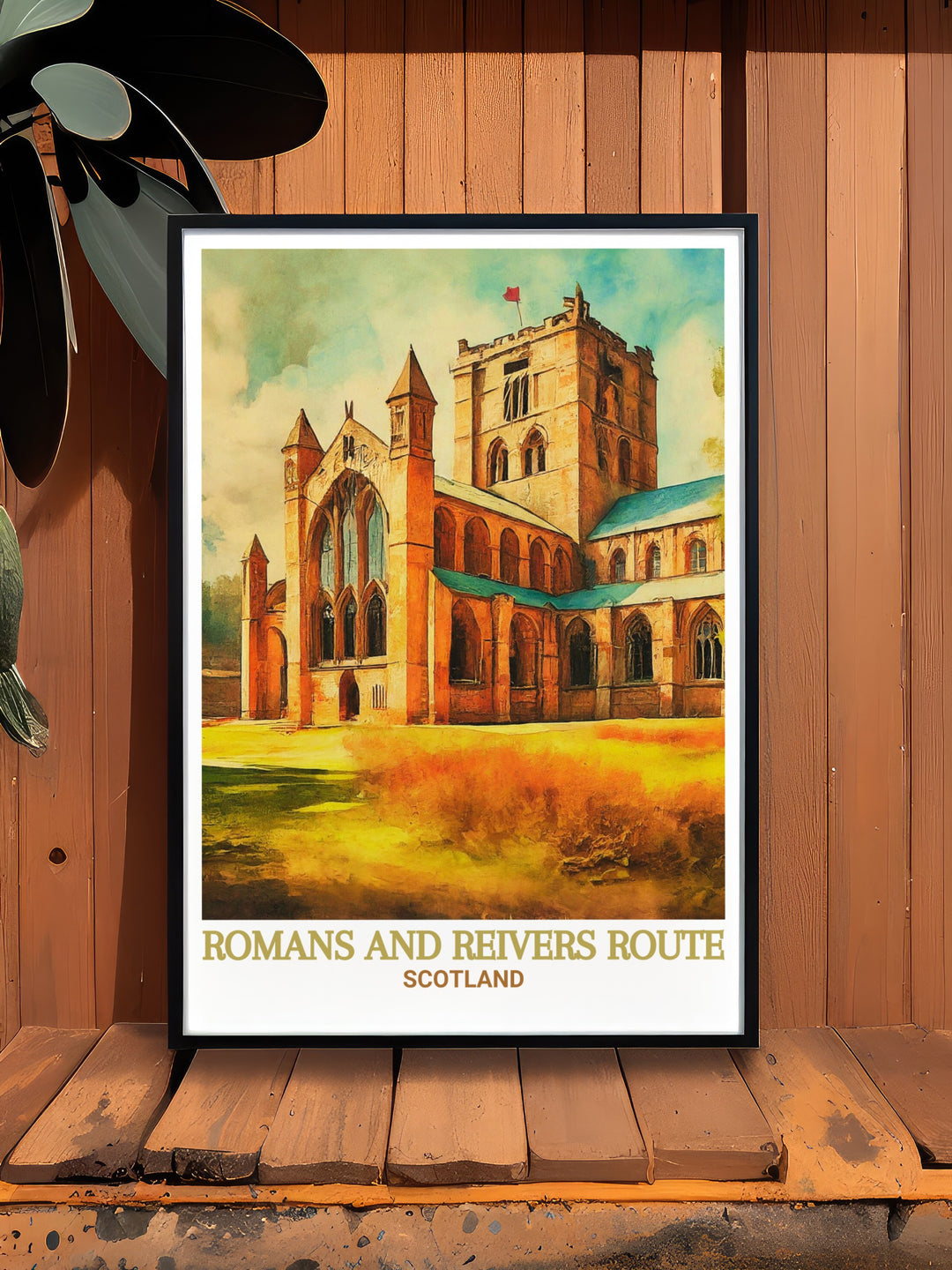 This Romans and Reivers Route poster print showcases the scenic beauty of Hexham Abbey and Scotlands Great Trail making it an excellent choice for those who love vintage travel prints and Scottish hiking art perfect for gifting or enhancing your home decor.