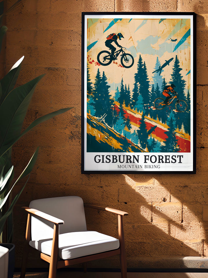 Experience the excitement of mountain biking with this Gisburn Forest Red Route Hully Gully trail print perfect for adding a sense of adventure and energy to your space with dynamic design and vibrant colors