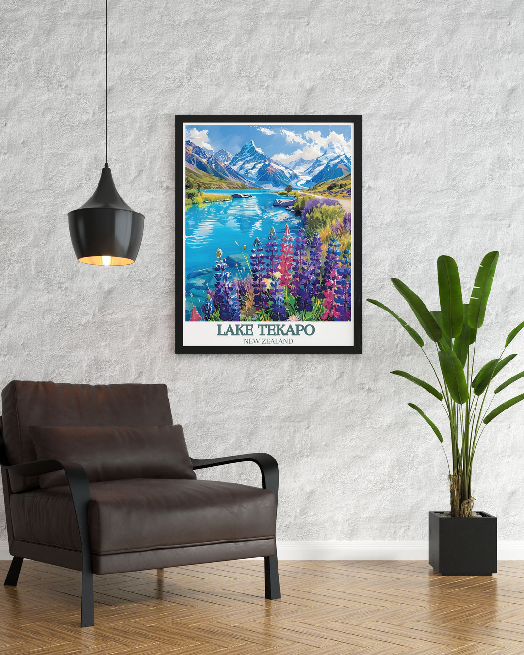 Highlighting the stunning architecture of the Church of the Good Shepherd, this travel poster features its charming stone structure set against the backdrop of Lake Tekapo and the Southern Alps. Perfect for those who appreciate historical landmarks and scenic beauty.