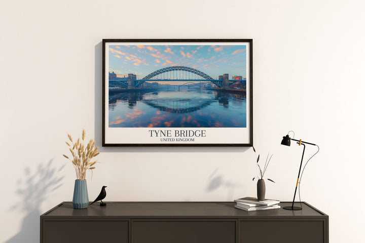 Newcastle Poster with Tyne Bridge as the centerpiece capturing the blend of vintage and modern architecture. This wall art print is a stunning addition to any room offering a glimpse of the citys charm through timeless design and vibrant colors