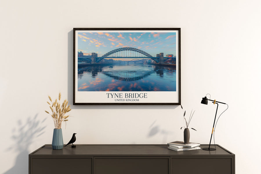 Newcastle Poster with Tyne Bridge as the centerpiece capturing the blend of vintage and modern architecture. This wall art print is a stunning addition to any room offering a glimpse of the citys charm through timeless design and vibrant colors