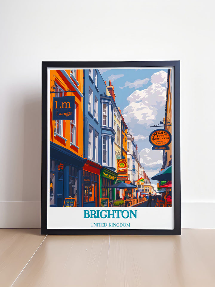 The Lanes artwork captures the eclectic mix of shops and cafes that make this Brighton area so beloved perfect for travel enthusiasts