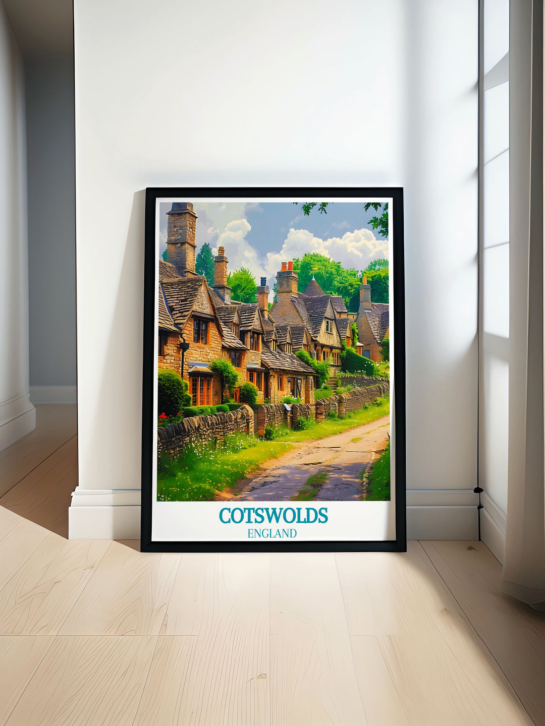 Experience the timeless charm of Bibury with a travel poster that captures its quaint cottages and tranquil riverbanks, bringing the serene beauty of the Cotswolds into your home.