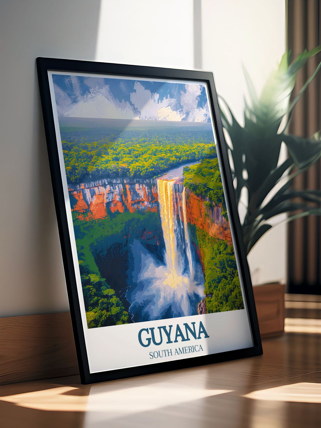 Highlighting the lush greenery and vibrant ecosystem of Guyanas Amazon basin, this travel poster showcases the rich biodiversity and stunning landscapes, ideal for nature lovers.