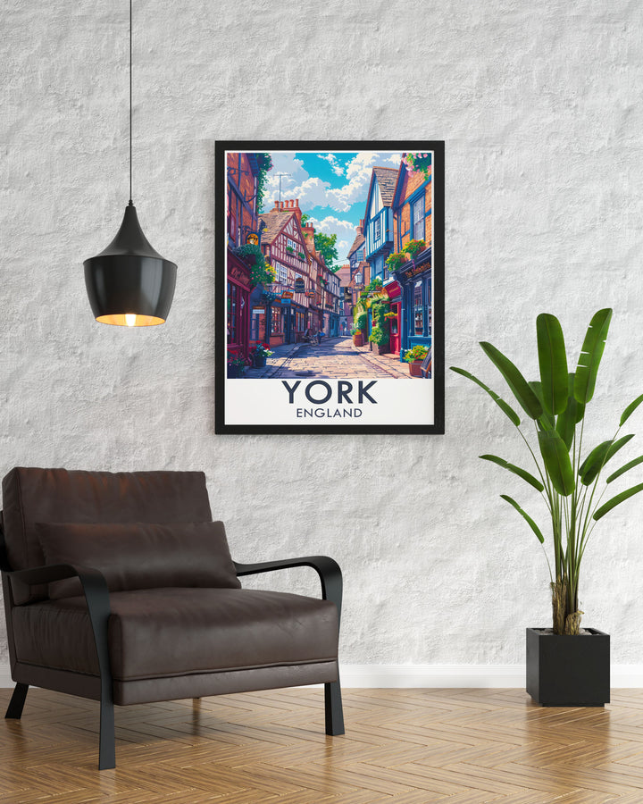 This travel poster artfully combines the historic charm of York with the enchanting views of The Shambles. Perfect for home decor, it celebrates the unique stories and beauty of these iconic landmarks.