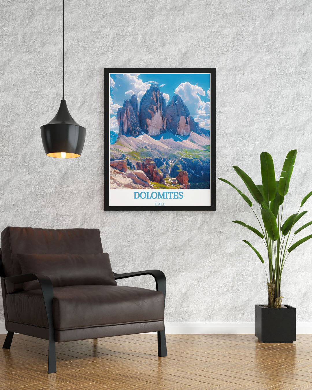 Gallery wall art illustrating the majestic landscapes of Tre Cime di Lavaredo, with its towering peaks and serene vistas, perfect for enhancing any room with the charm of the Dolomites.