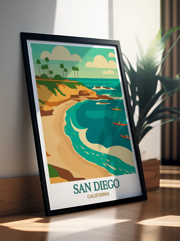 Travel poster of La Jolla Cove, capturing the essence of San Diegos coastal allure. This print brings the vibrant colors and natural beauty of Californias shoreline into your living space.