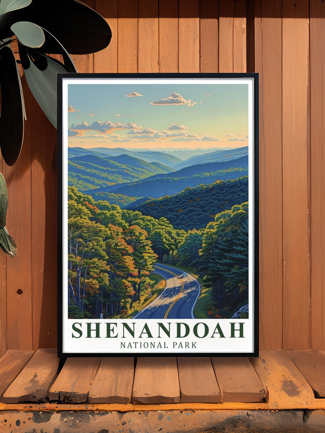 A detailed travel print of Skyline Drive in Shenandoah National Park, capturing the beauty of the Blue Ridge Mountains. This artwork brings the peaceful atmosphere of the park into any space, perfect for those who appreciate the great outdoors and scenic drives.