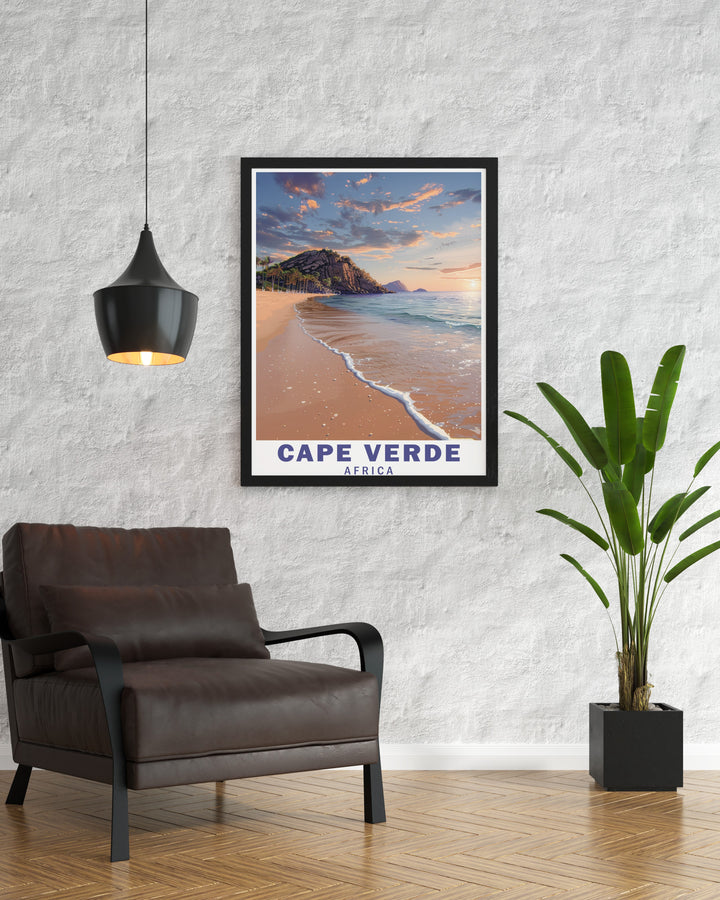 Santa Maria Beachs calm waters and white sands are beautifully depicted in this Cape Verde travel print. The artwork captures the peacefulness of the beach, making it a perfect addition to any home or office for those who appreciate African coastal beauty.