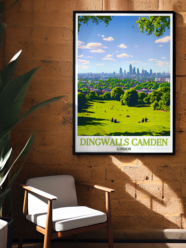 Dingwalls Camden is celebrated in this poster, depicting the legendary music venues historical significance and vibrant energy, ideal for music lovers.