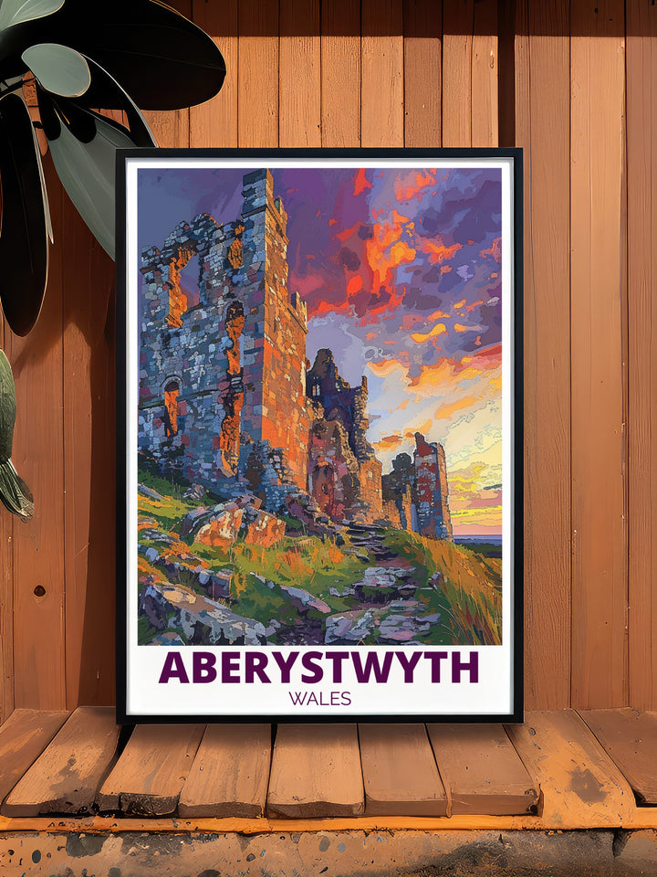 This Ceredigion art print highlights the majestic ruins of Aberystwyth Castle and the surrounding coastline, making it an ideal piece for anyone who loves Welsh history and landscapes. The intricate details and serene color palette create a calming and inviting atmosphere.