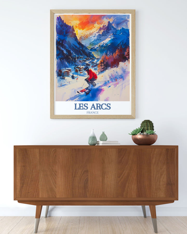 Framed Print of Les Arcs in Paradiski ski area Mont Blanc capturing the essence of snowboarding and the beauty of the mountains ideal for home decor and snowboarding gift ideas