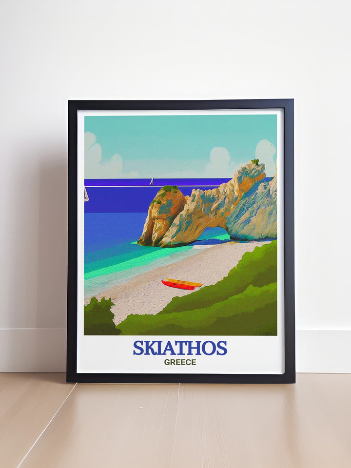 Travel art print of Lalaria Beach on Skiathos Island. Capturing the serene landscape and vibrant colors of the beach, this poster brings a touch of Greece to your walls. Ideal for travel enthusiasts and fans of Mediterranean beauty.