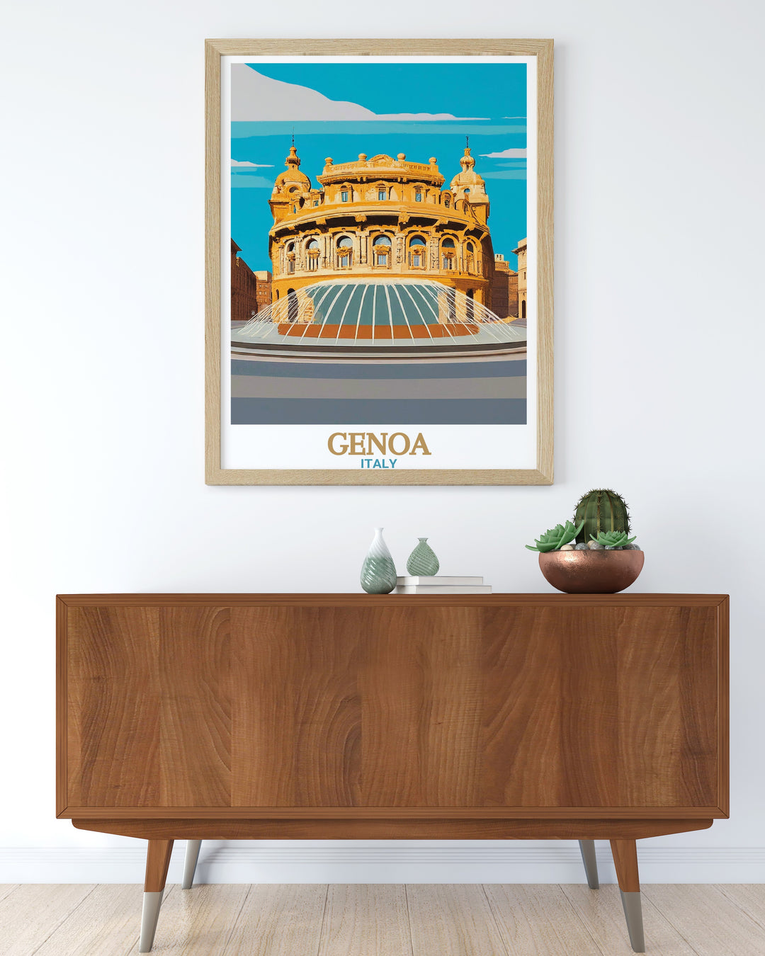 Featuring the iconic Piazza De Ferrari, this travel print is ideal for lovers of Italian history and architecture. Bring the timeless charm of Genoa into your home with this vibrant and beautifully crafted piece of wall art.