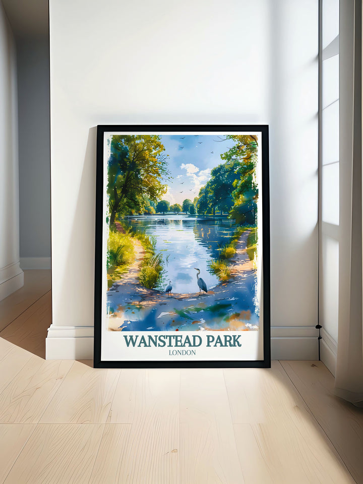 Vibrant Wanstead Park vintage travel print showcasing the lush landscapes and serene beauty of East London. Perfect for nature wall art enthusiasts looking to add a touch of tranquility and elegance to their home decor collection.