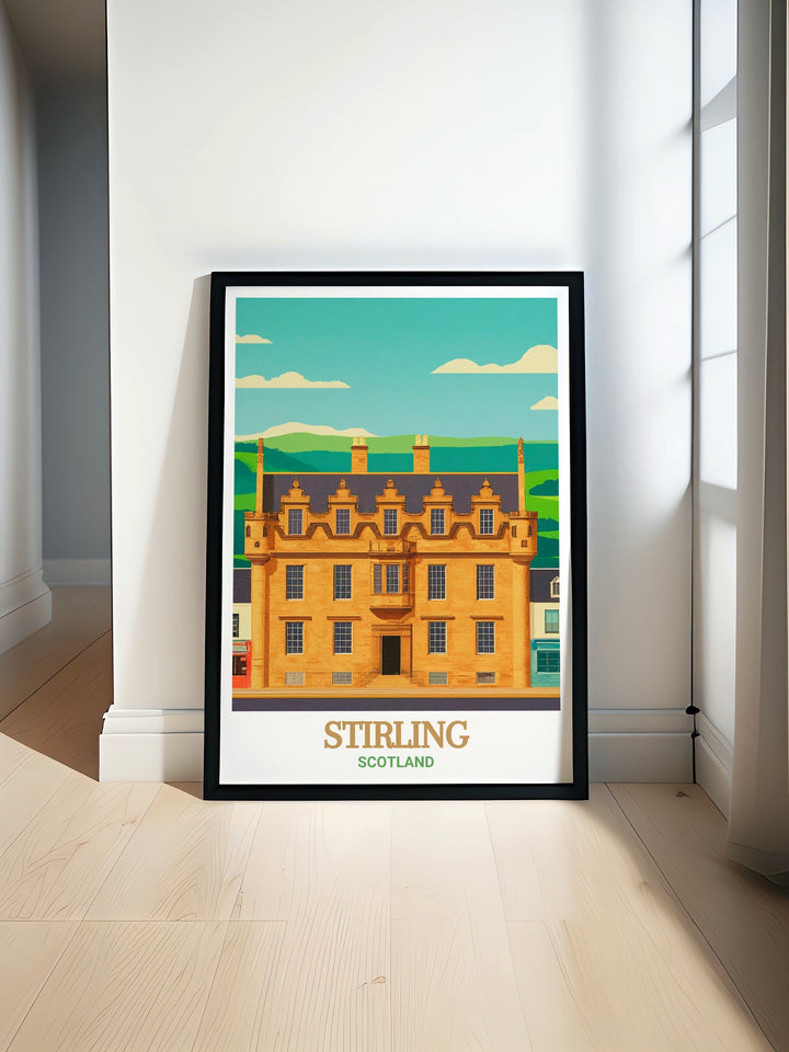 Scotlands Stirling Castle and Argylls Lodging are depicted in this detailed vintage poster. The artwork perfectly captures the historical significance and architectural beauty of these landmarks, making it a must have for art collectors and history enthusiasts.