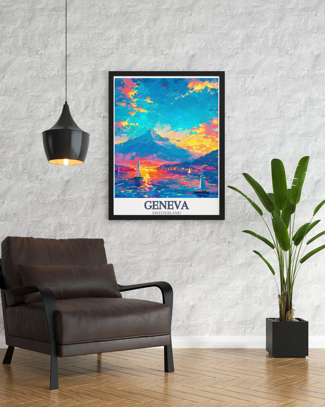 Lake Geneva and Mont Blanc are beautifully showcased in this Switzerland travel print, offering a view of the tranquil Swiss countryside. Ideal for nature enthusiasts, this poster makes a lovely addition to any home or office, bringing the charm of Geneva into your space.