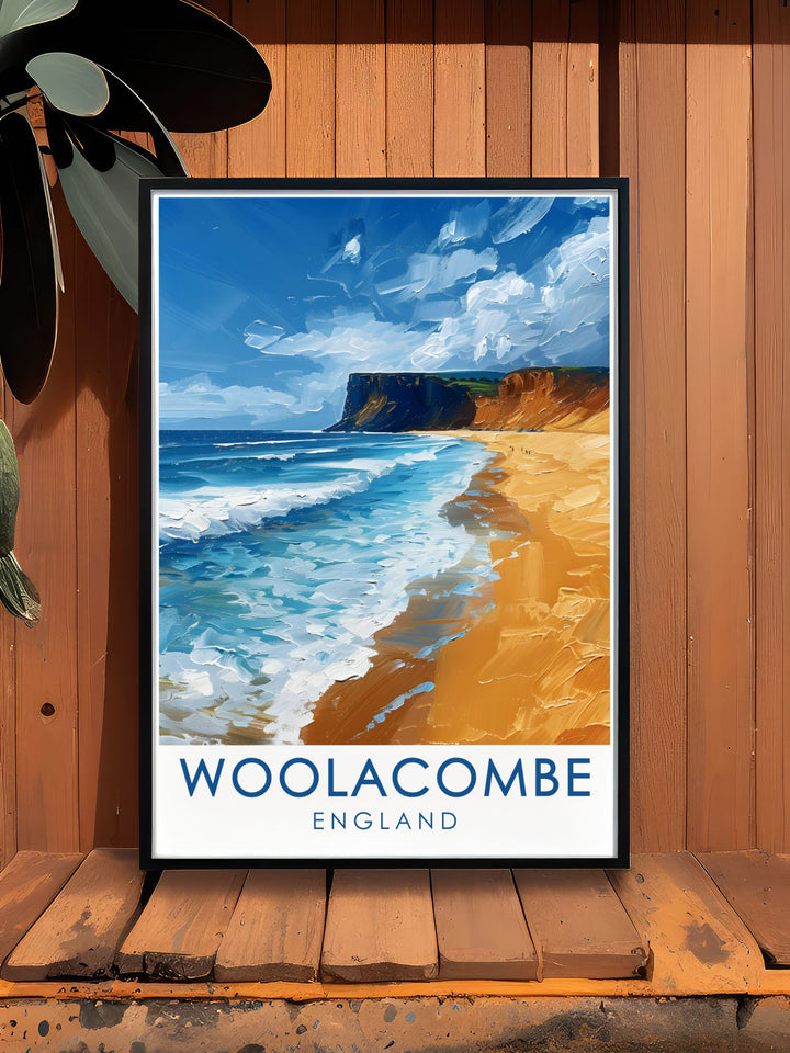 Stunning Woolacombe Beach print offering a visual escape to the tranquil Devon coast ideal for modern home decor and creating a focal point in your living space perfect for gifts for loved ones