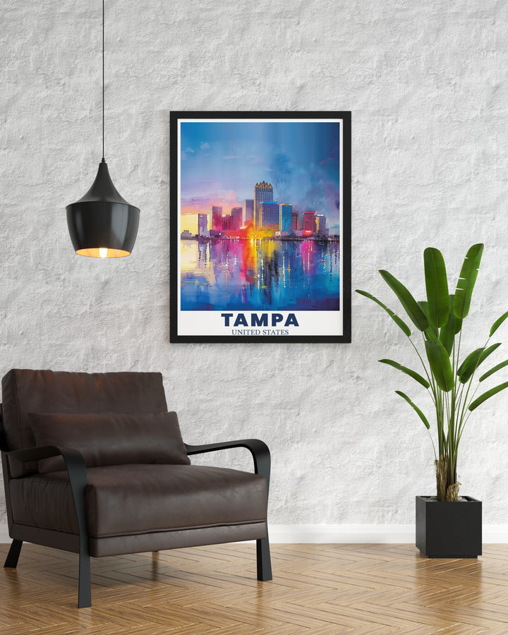 Tampa Art Print showcases the beauty of the citys skyline and coastal charm. The artwork is a detailed representation of Floridas bustling cityscape, designed to bring a sense of the Sunshine State into your home. It makes an ideal personalized gift or wall art for any occasion.