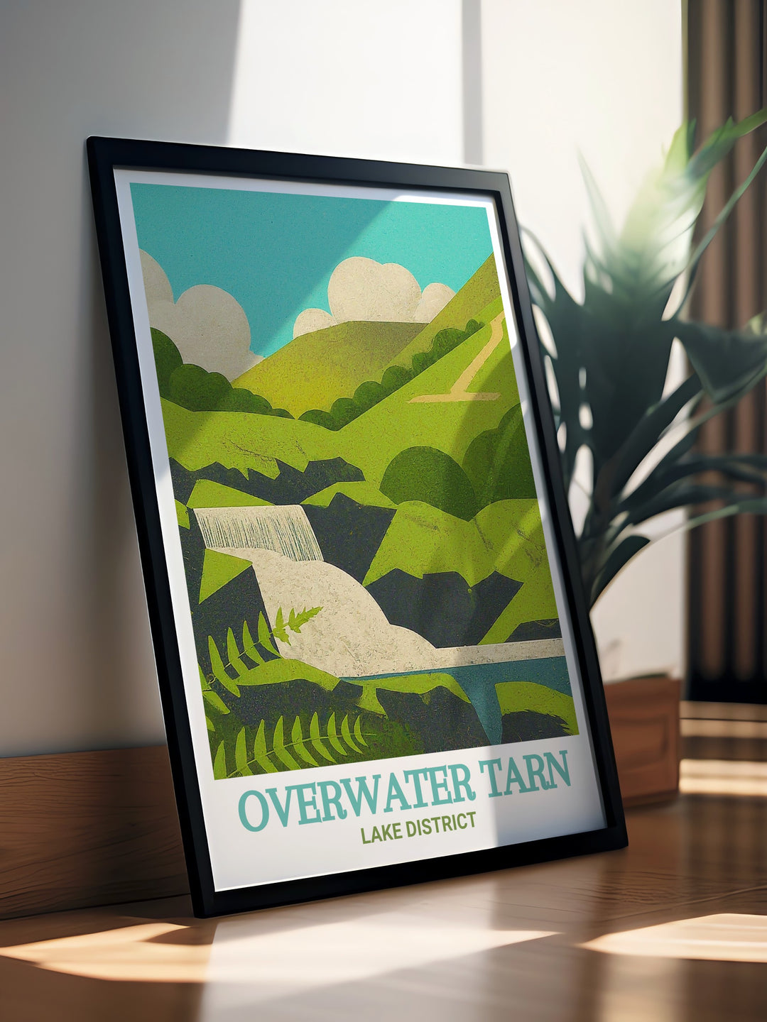 Cumbria landscape art featuring Overwater Tarn and Dash Falls. This scenic print captures the essence of the Lake Districts stunning views, providing a visual escape to one of Englands most beautiful locations. Great for enhancing your home decor.