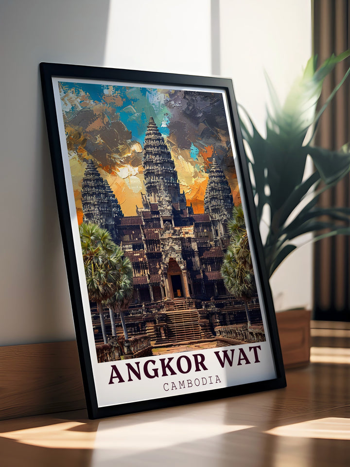 Experience the grandeur of Cambodias Angkor Wat through this detailed travel print. Ideal for anyone passionate about Southeast Asian culture or ancient architecture, this poster serves as a captivating reminder of one of the worlds most iconic temples.