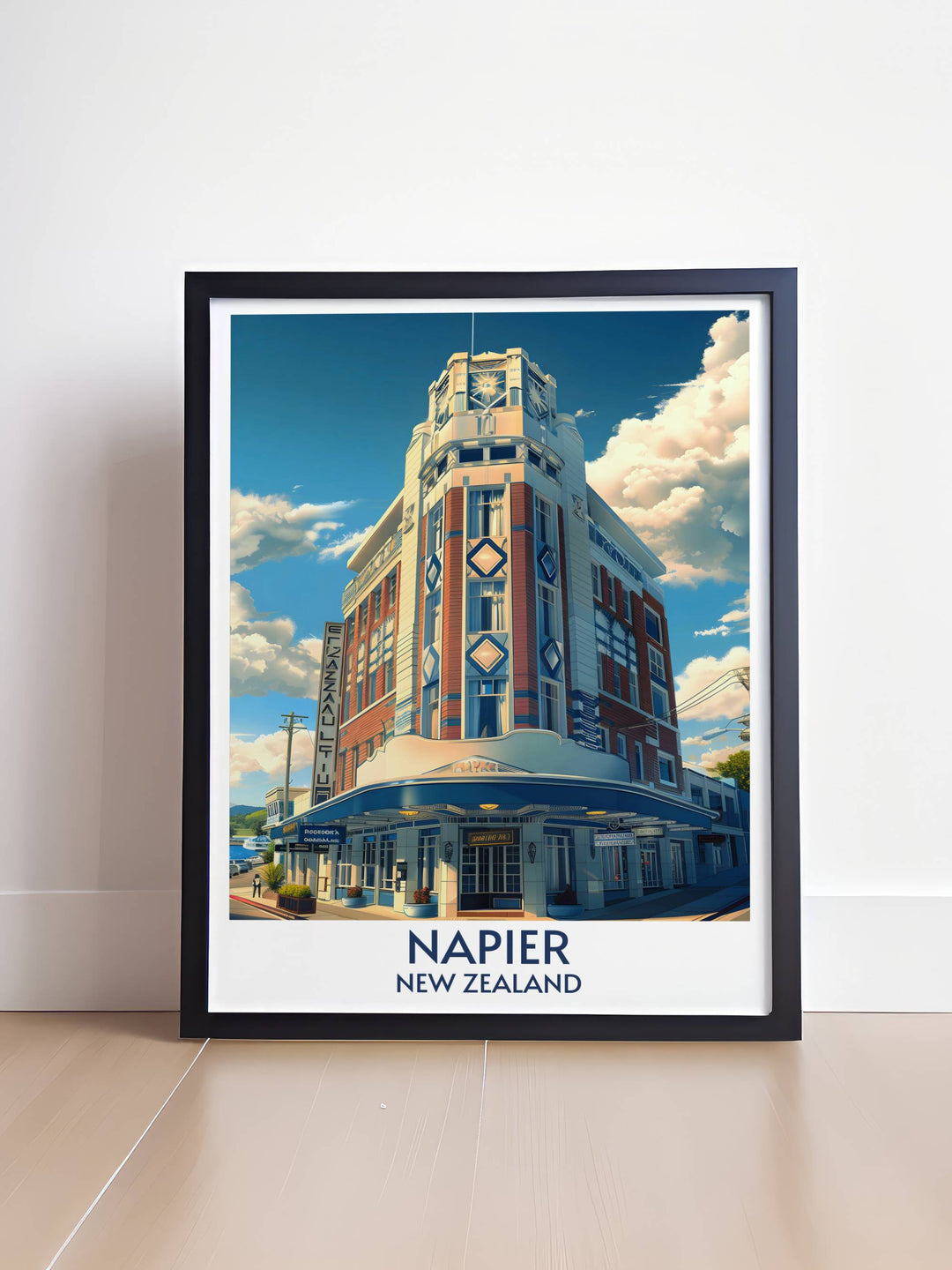 Beautifully framed The Masonic Hotel Print highlighting the historic charm and architectural details of Napier ideal for stylish home decor and memorable gifts