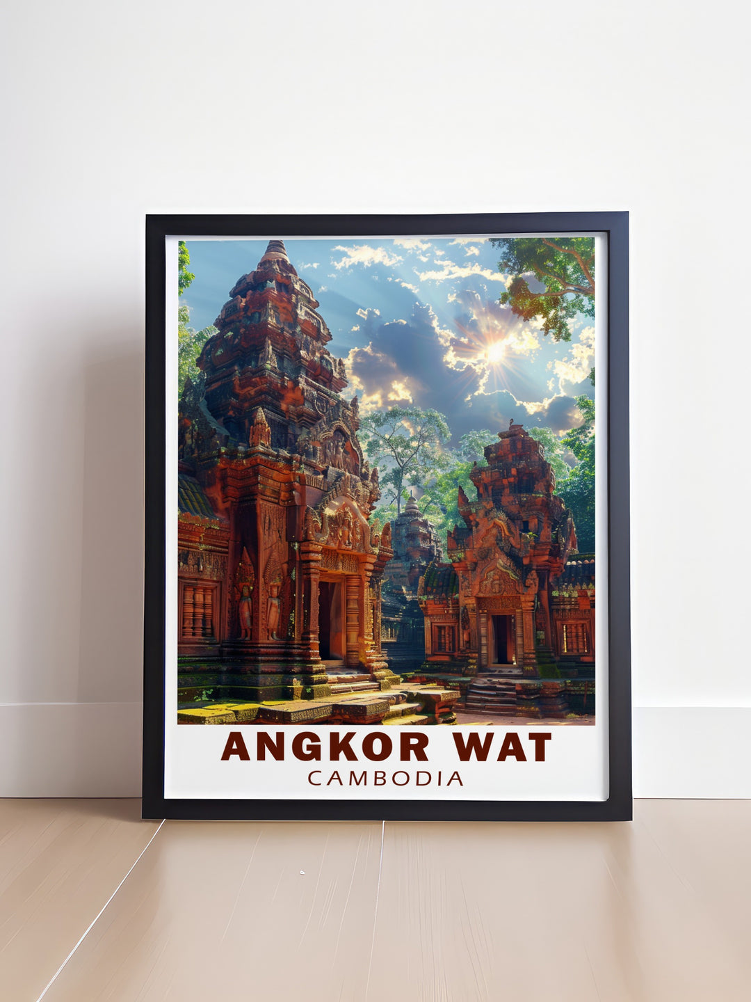 This travel print of Angkor Wat and Banteay Srei Temple captures the grandeur of Cambodias ancient Khmer architecture. The detailed stone carvings and intricate designs reflect the splendor of these world famous landmarks, making this poster a perfect addition to any art collection or home decor.