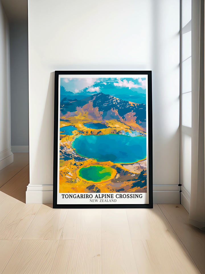 Our Emerald Lakes wall print captures the serene beauty of the Tongariro Alpine Crossing, with its crystal clear waters and vibrant geothermal hues. This art print is ideal for those who wish to celebrate New Zealands natural landscapes.