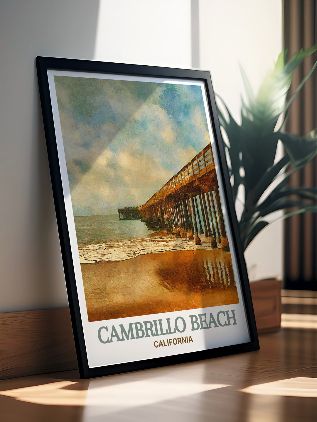 Elevate your home with Cambrillo Beach Pier modern prints. This California art piece features the iconic pier set against calm waters making it a perfect wall decor option for those who love California and its picturesque beaches. Ideal for home decor or as a thoughtful gift.