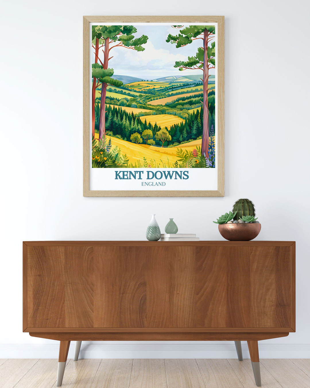 Beautifully crafted Kent Downs Area of Outstanding Natural Beauty AONB art print showcasing rolling hills and lush meadows ideal for enhancing living rooms bedrooms or offices with its timeless appeal and serene ambiance.